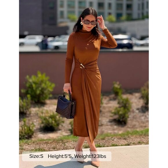 Zesica Women's Caramel Long Sleeve Mock Neck Long Midi Bodycon Cocktail Dress - Picture 6 of 7